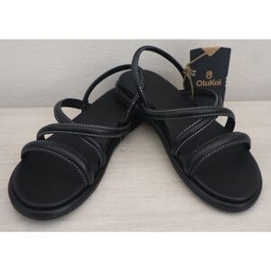 OluKai 20515-4040 Women's Sz 8W Black Leather Tiare Strappy Slip-On Sandals